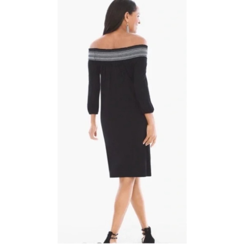 Chico's Black Stretch Knit Smocked Off the Shoulder Dress Size 1